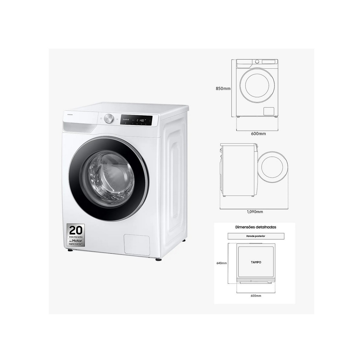 Máquina de Lavar Roupa Samsung WW90DG6U25LE AI Eco Bubble™ Carga Frontal de 9 kg e de 1400 rpm - Branco Branco-2