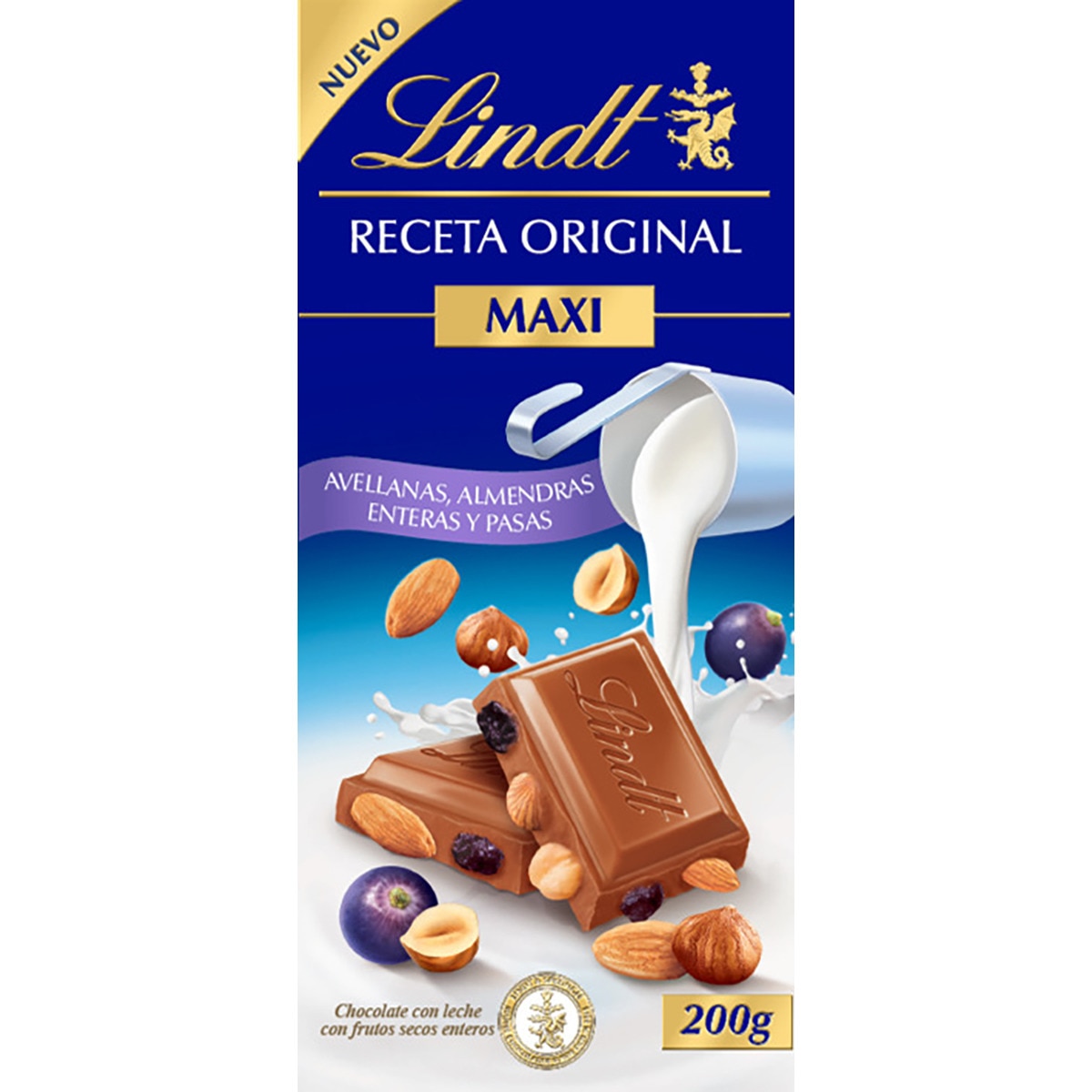 Receta Original Maxi chocolate con leche almendras enteras y pasas tableta 200 g