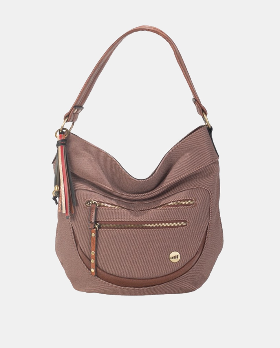 Mala de Ombro de uma Alça Estilo Hobo em Material PU e Sarja com Borla Multicolor - Castanho Castanho-1