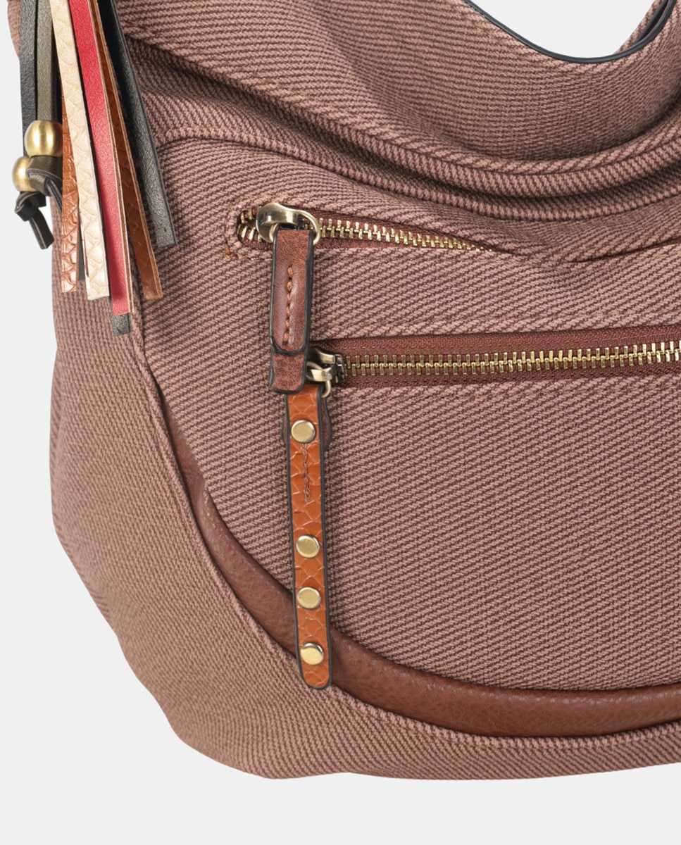 Mala de Ombro de uma Alça Estilo Hobo em Material PU e Sarja com Borla Multicolor - Castanho Castanho-3