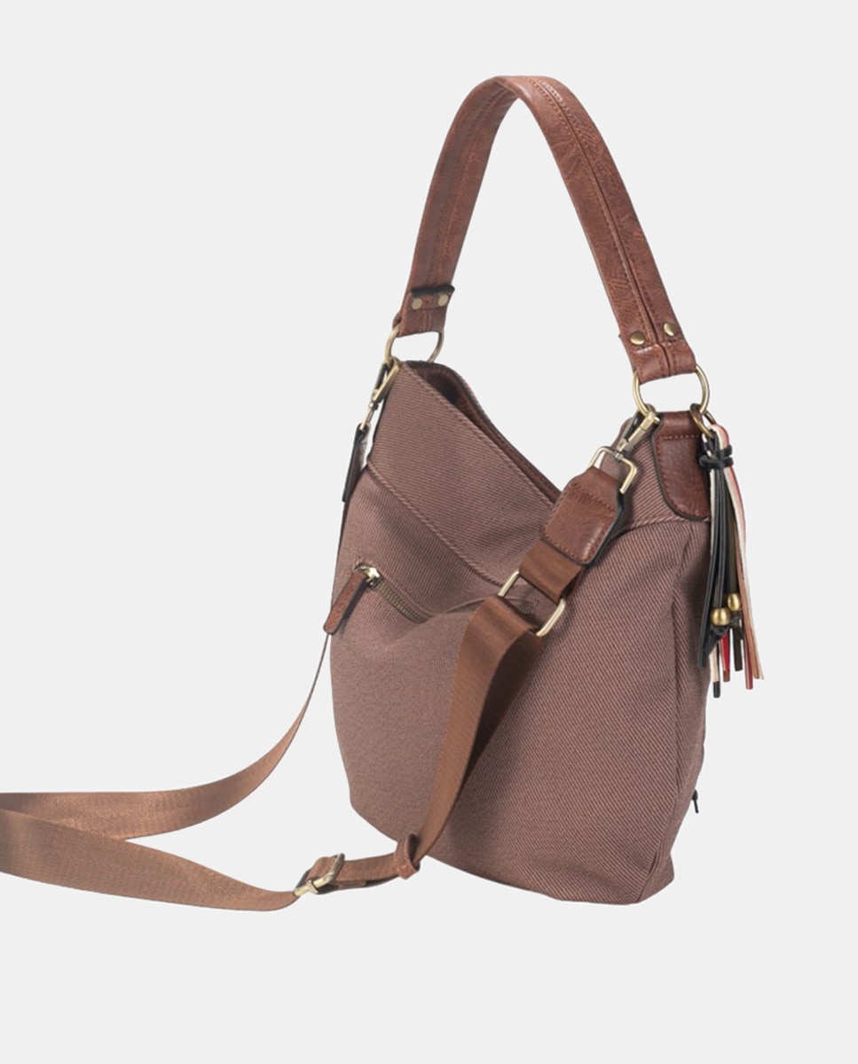 Mala de Ombro de uma Alça Estilo Hobo em Material PU e Sarja com Borla Multicolor - Castanho Castanho-2