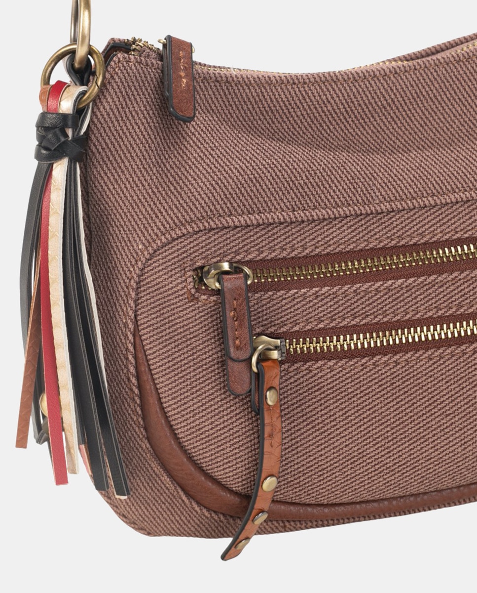 Mala a Tiracolo em Material PU e Sarja com Borla Lateral Multicolor - Castanho Castanho-3