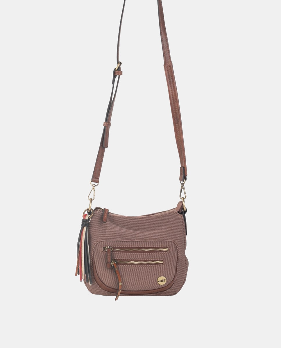 Mala a Tiracolo em Material PU e Sarja com Borla Lateral Multicolor - Castanho Castanho-4