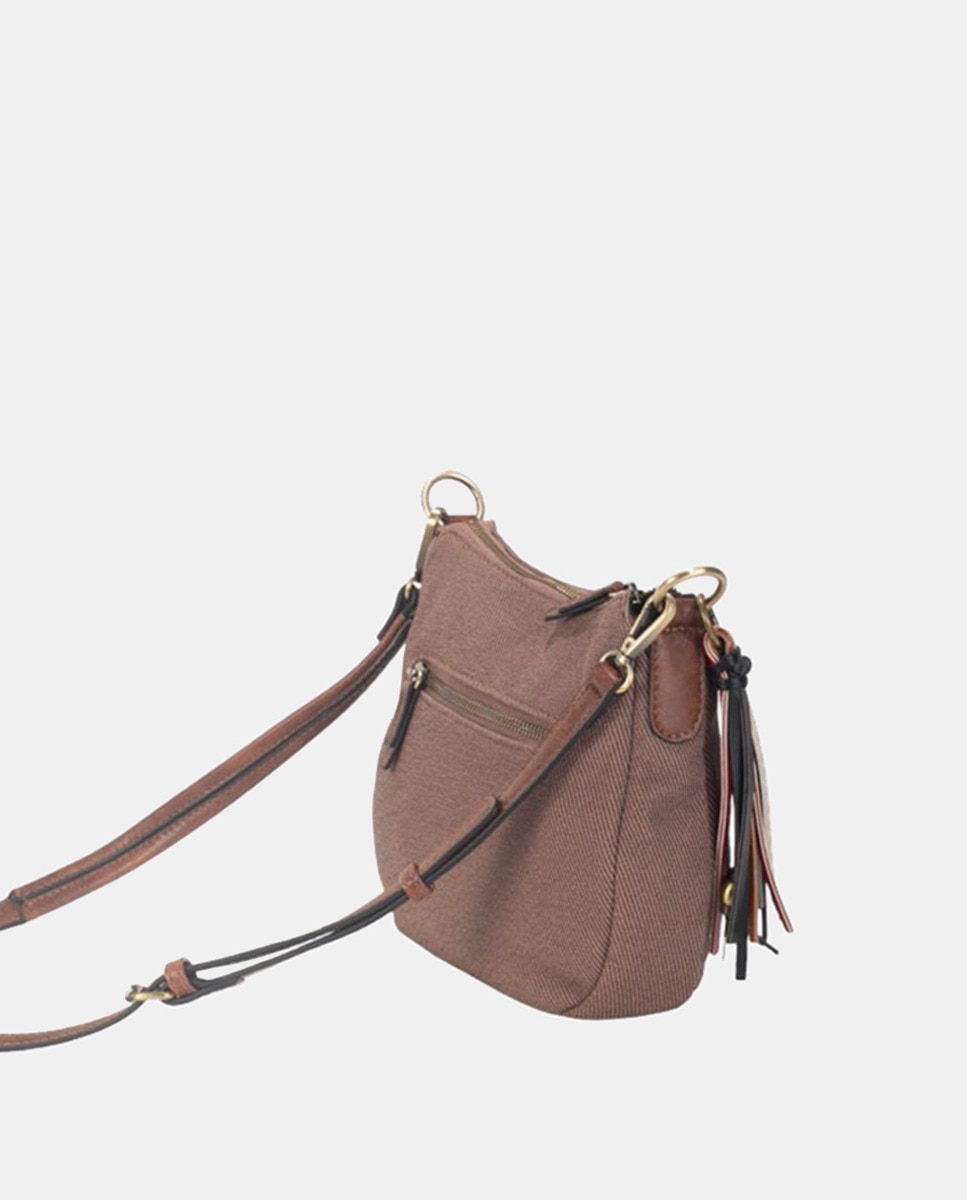 Mala a Tiracolo em Material PU e Sarja com Borla Lateral Multicolor - Castanho Castanho-2
