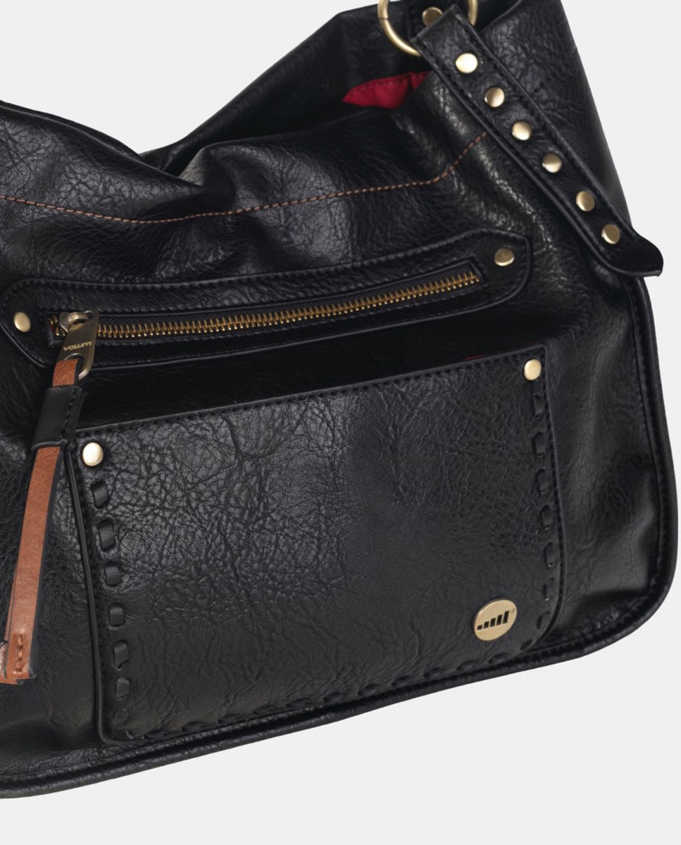 Mala de Ombro Tipo Tote em PU com Rebites em Dourado Polido - Preto Preto-3