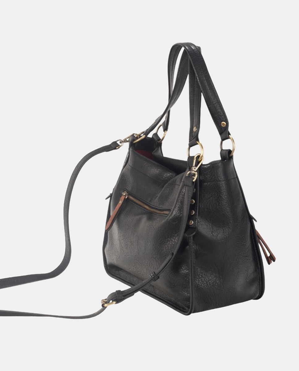 Mala de Ombro Tipo Tote em PU com Rebites em Dourado Polido - Preto Preto-2