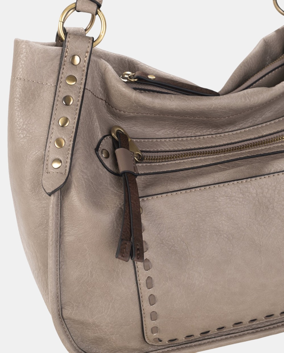 Mala de Ombro Tipo Tote em PU com Rebites em Dourado Polido - Taupe Taupe-3
