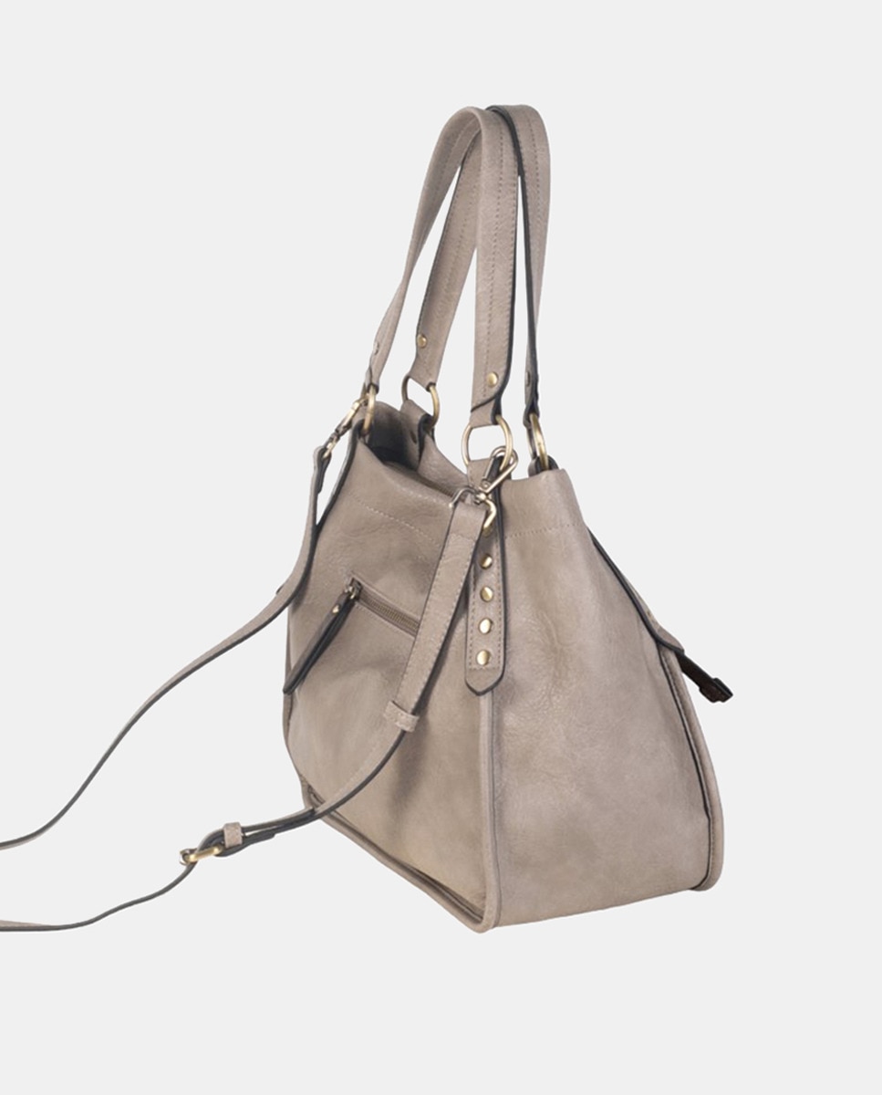 Mala de Ombro Tipo Tote em PU com Rebites em Dourado Polido - Taupe Taupe-2