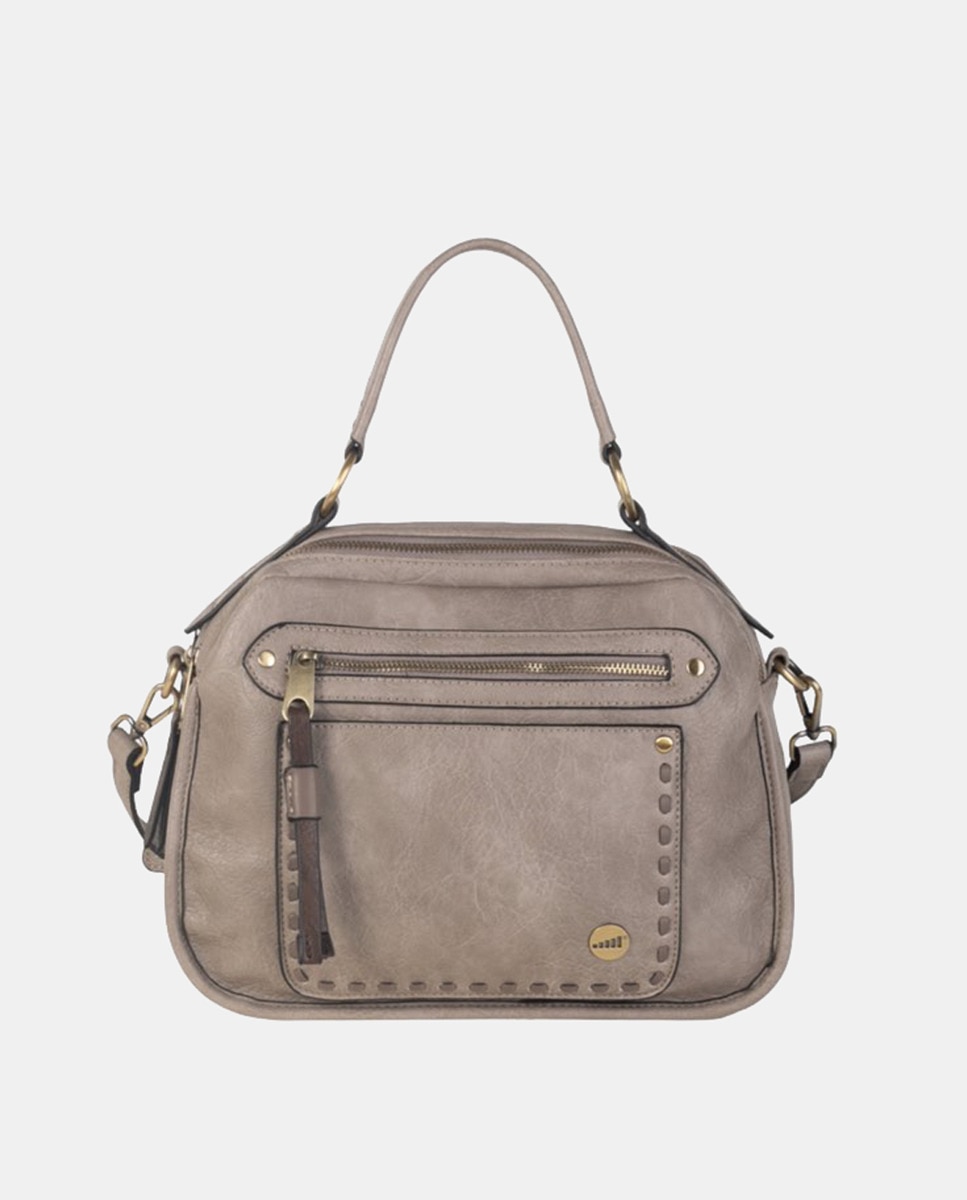 Mala de Mão em PU com Fechos de Correr e Rebites em Dourado Polido - Taupe Taupe-1