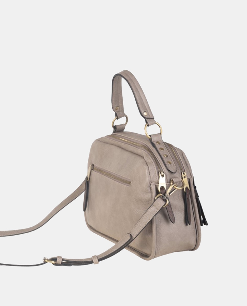 Mala de Mão em PU com Fechos de Correr e Rebites em Dourado Polido - Taupe Taupe-2