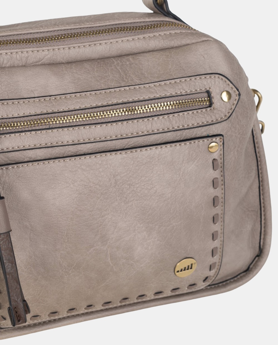 Mala de Mão em PU com Fechos de Correr e Rebites em Dourado Polido - Taupe Taupe-3
