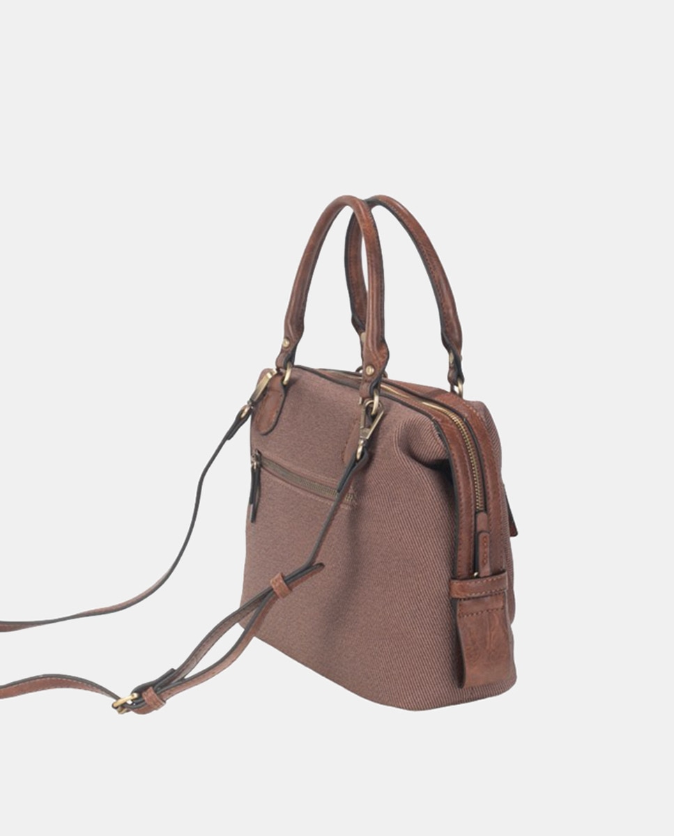 Mala de Mão de Duas Alças Tipo Bowling em Material PU e Sarja com Borla Multicolor - Castanho Castanho-2