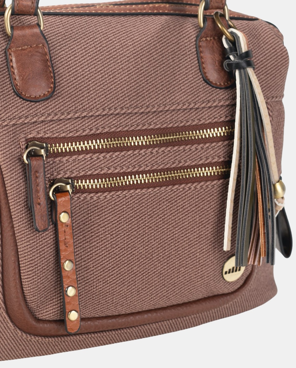 Mala de Mão de Duas Alças Tipo Bowling em Material PU e Sarja com Borla Multicolor - Castanho Castanho-3