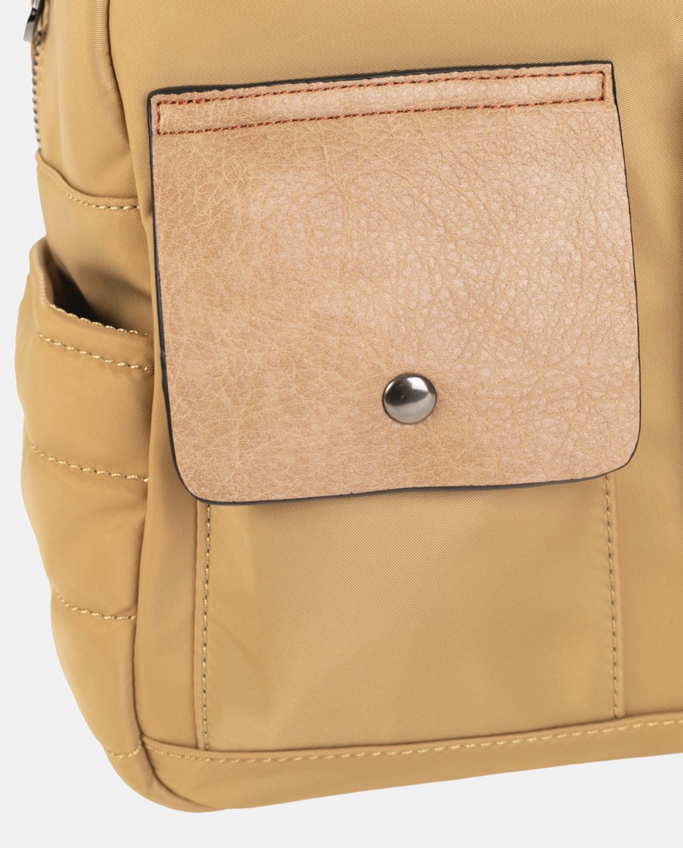 Mochila de Nylon Combinado com PU a Condizer e Detalhes em PU Cor de Couro - Bisonte Bege-3