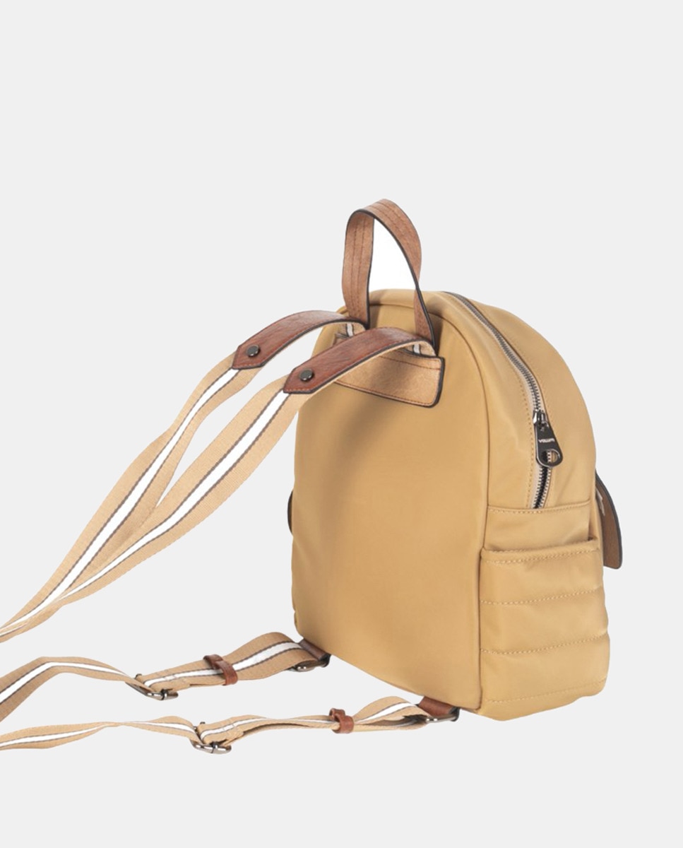 Mochila de Nylon Combinado com PU a Condizer e Detalhes em PU Cor de Couro - Bisonte Bege-2
