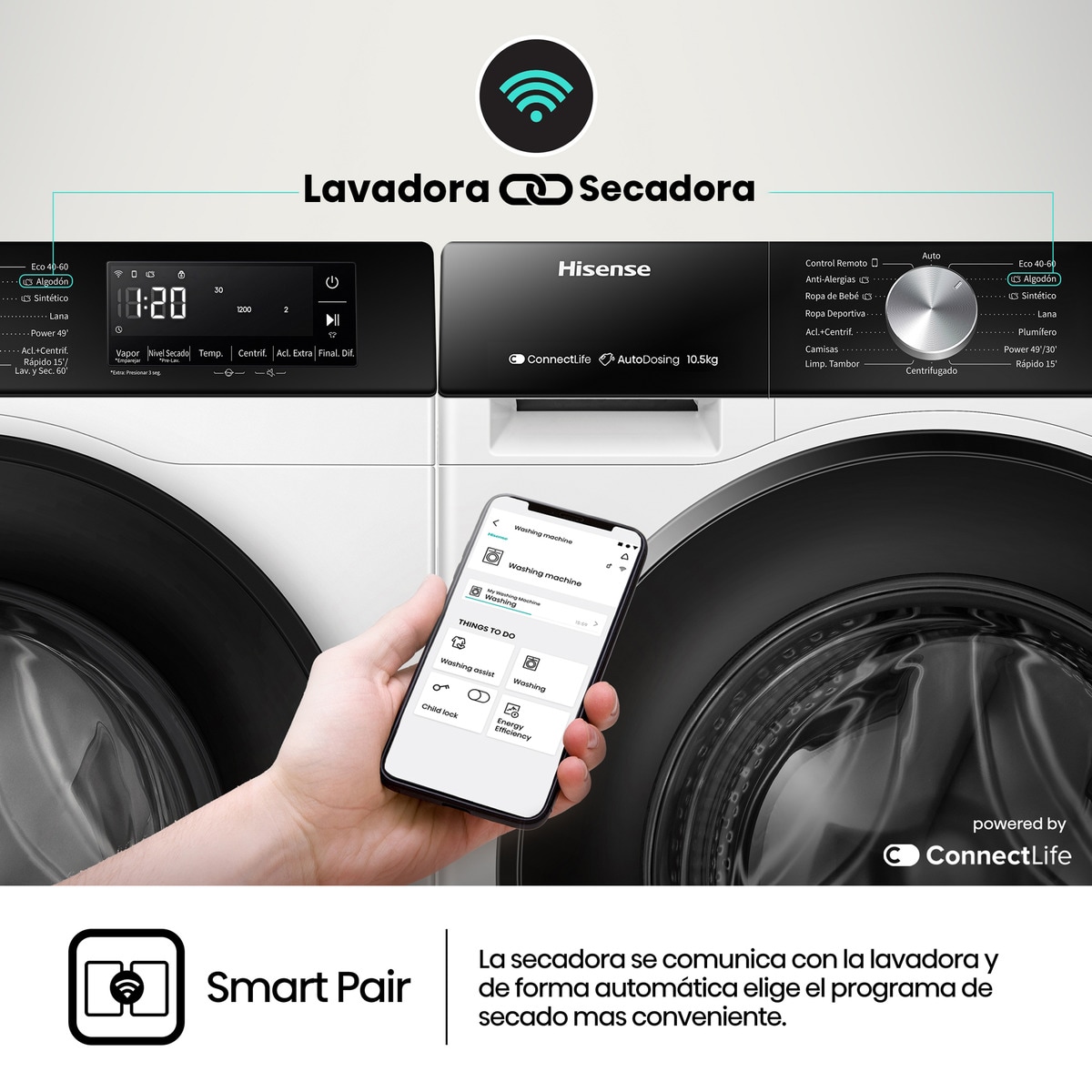 Lavadora Hisense 10,5 kg / 1.400 rpm, Wifi, Serie 3S - WF3S1045BW3 Blanco-8