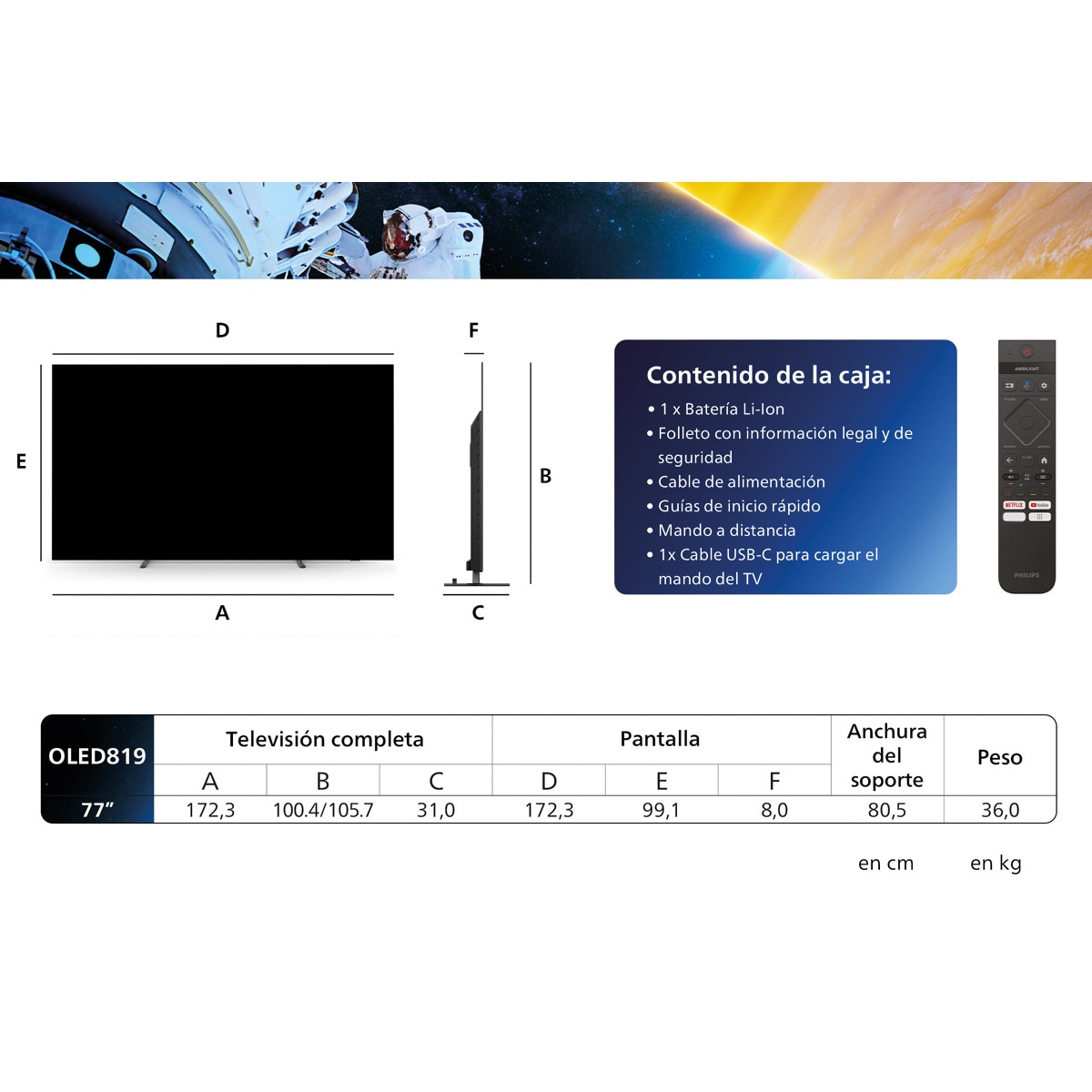 TV OLED 194cm (77") Philips Ambilight 77OLED819 XXL UHD 4K, Dolby Vision y Dolby Atmos, Google TV, Smart TV Cromado-3