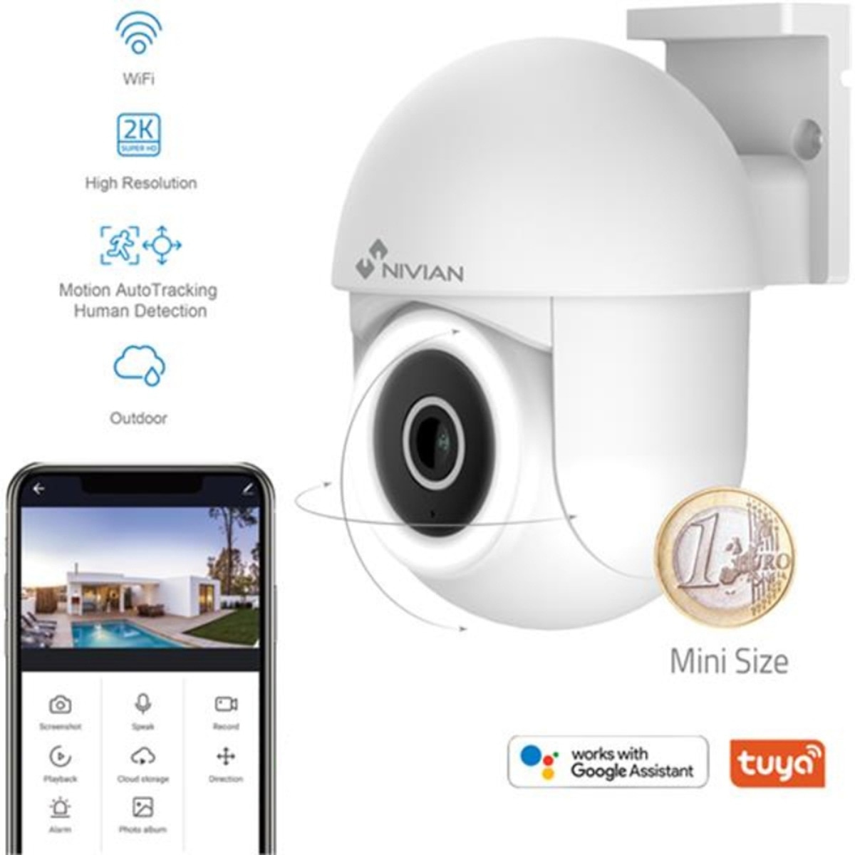 Cámara de vigilancia exterior Nivian IPC-0S4-L-MINI, Wi-Fi, 2K, Detección de Movimiento y Autotracking Blanco-2
