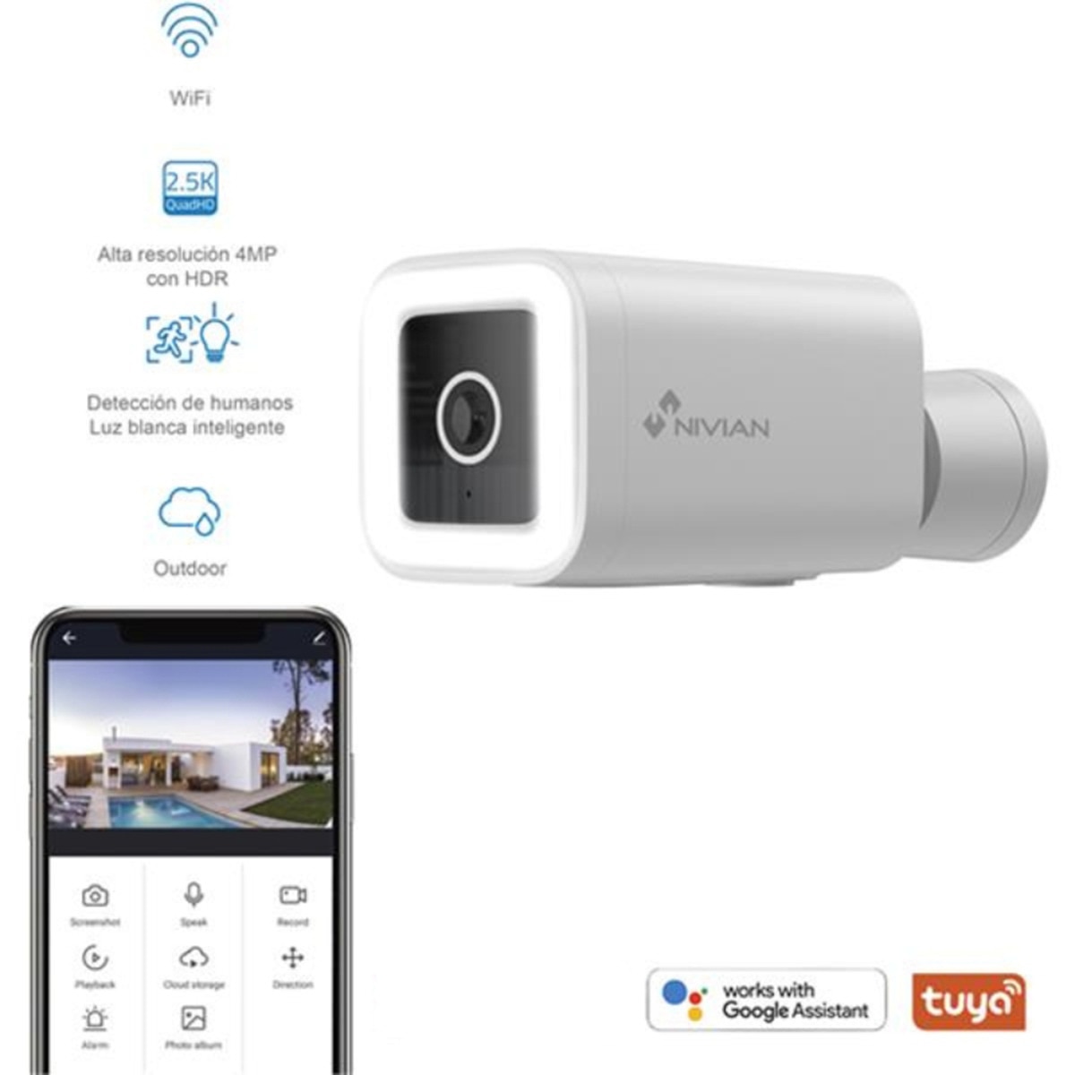 Cámara de vigilancia exterior Nivian IPC-03-L WiFi, Half 4K, Detección de Humanos AI Blanco-2