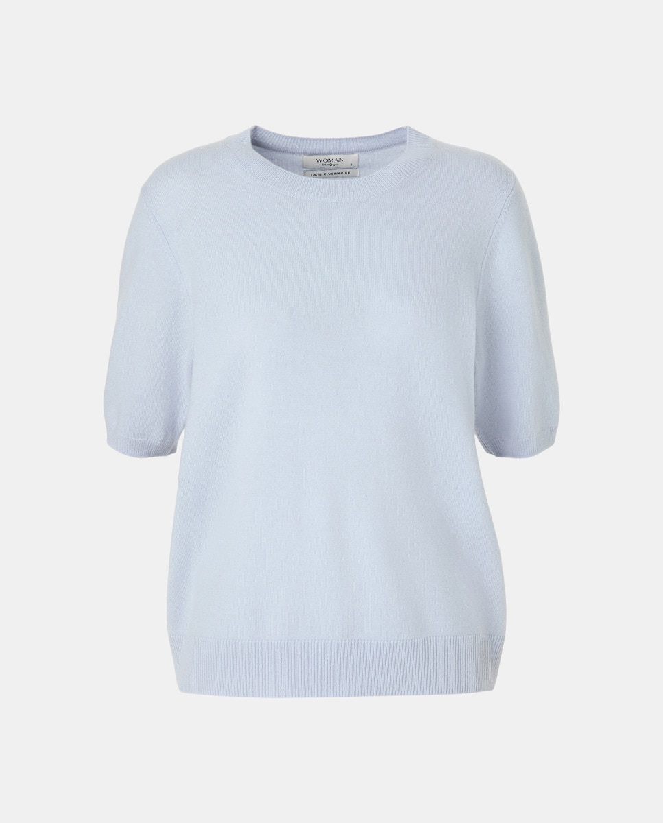 Camisola de Malha de Decote Redondo 100% Caxemira 410 Azul Claro-4