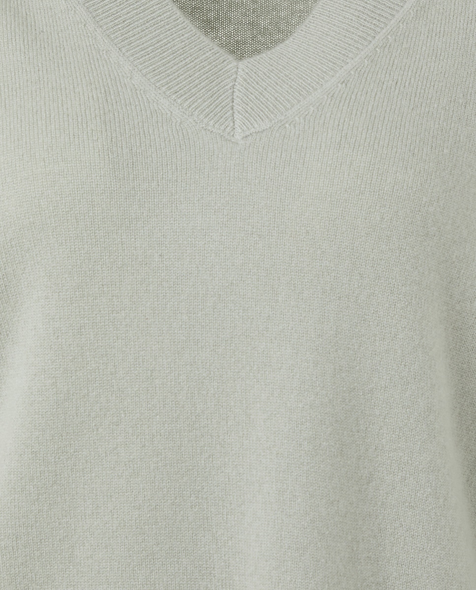 Camisola de Malha com Decote em Bico e 100% Caxemira Verde Sálvia-5