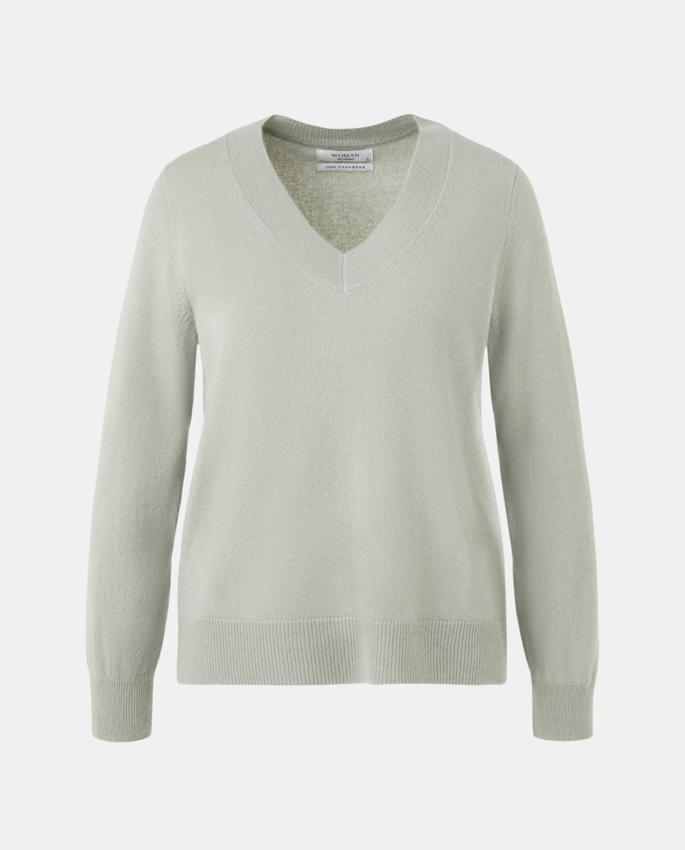 Camisola de Malha com Decote em Bico e 100% Caxemira Verde Sálvia-4
