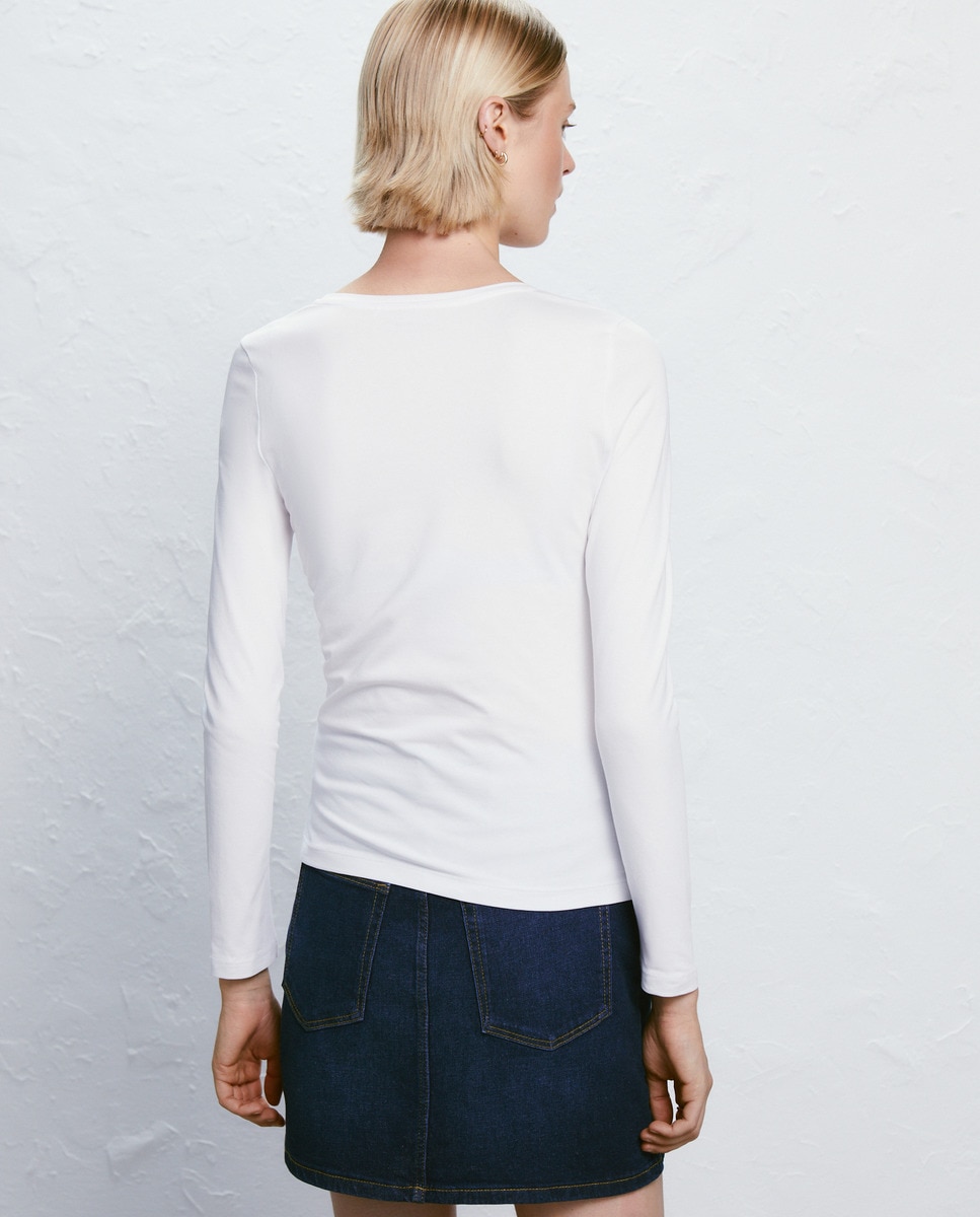 Camisola Básica com Manga Comprida e Decote Redondo Branco-3