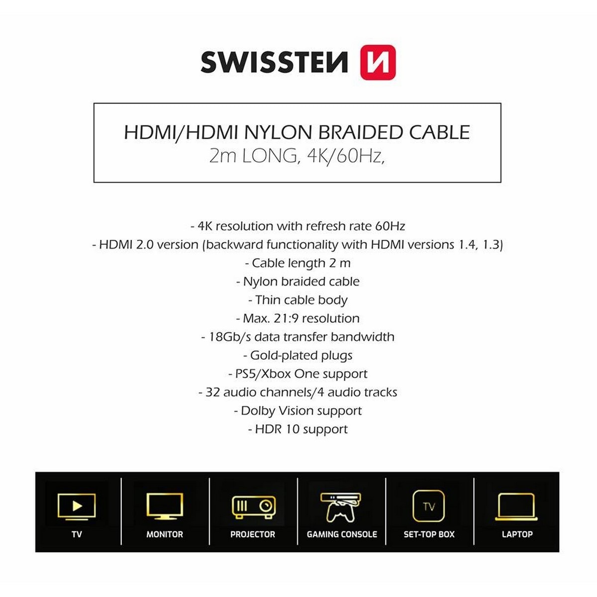Cabo Swissten HDMI 2.0 Ultra HD 4K 60Hz 2m - Cinzento 6