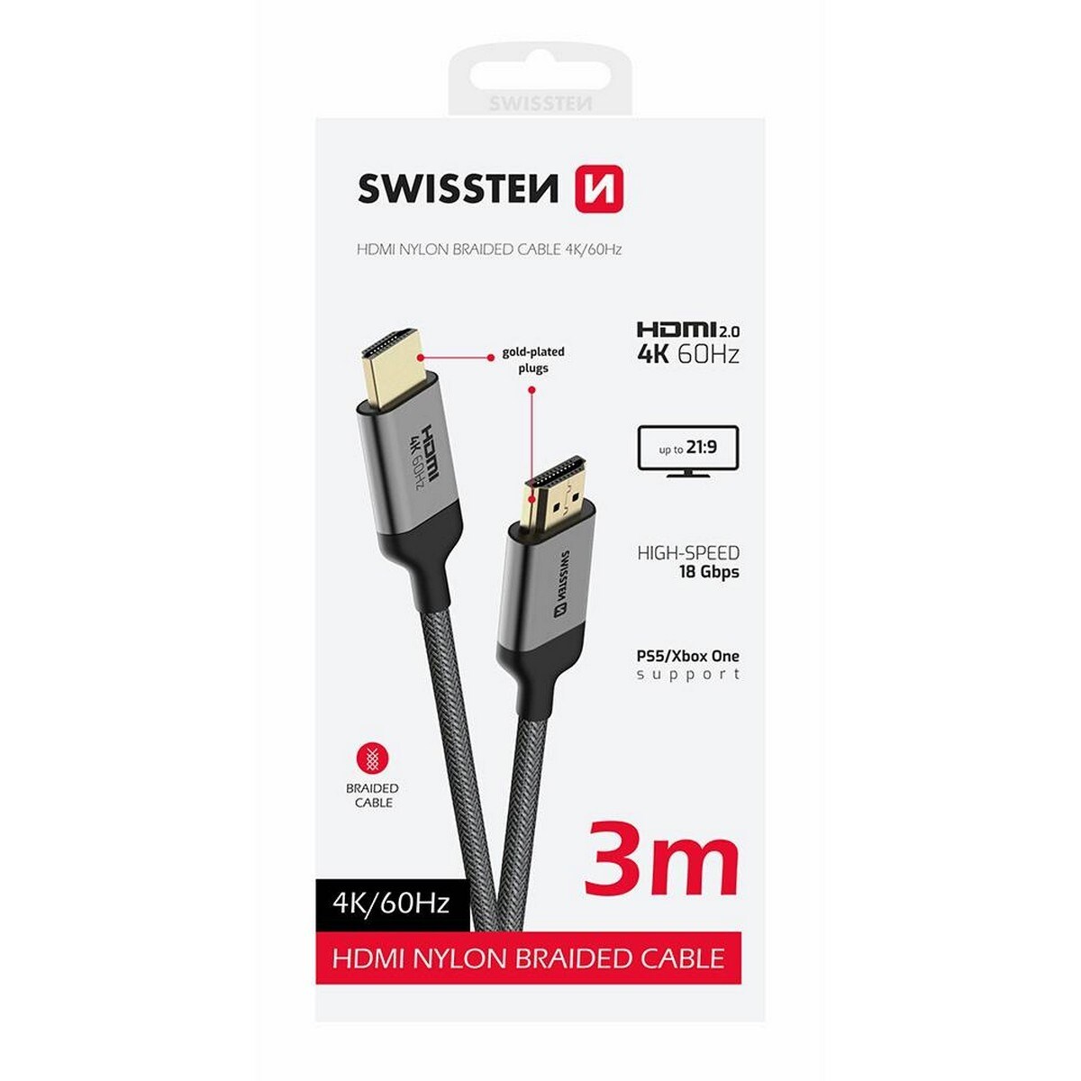 Cabo Swissten HDMI 2.0 Ultra HD 4K 60Hz 3m - Cinzento 7