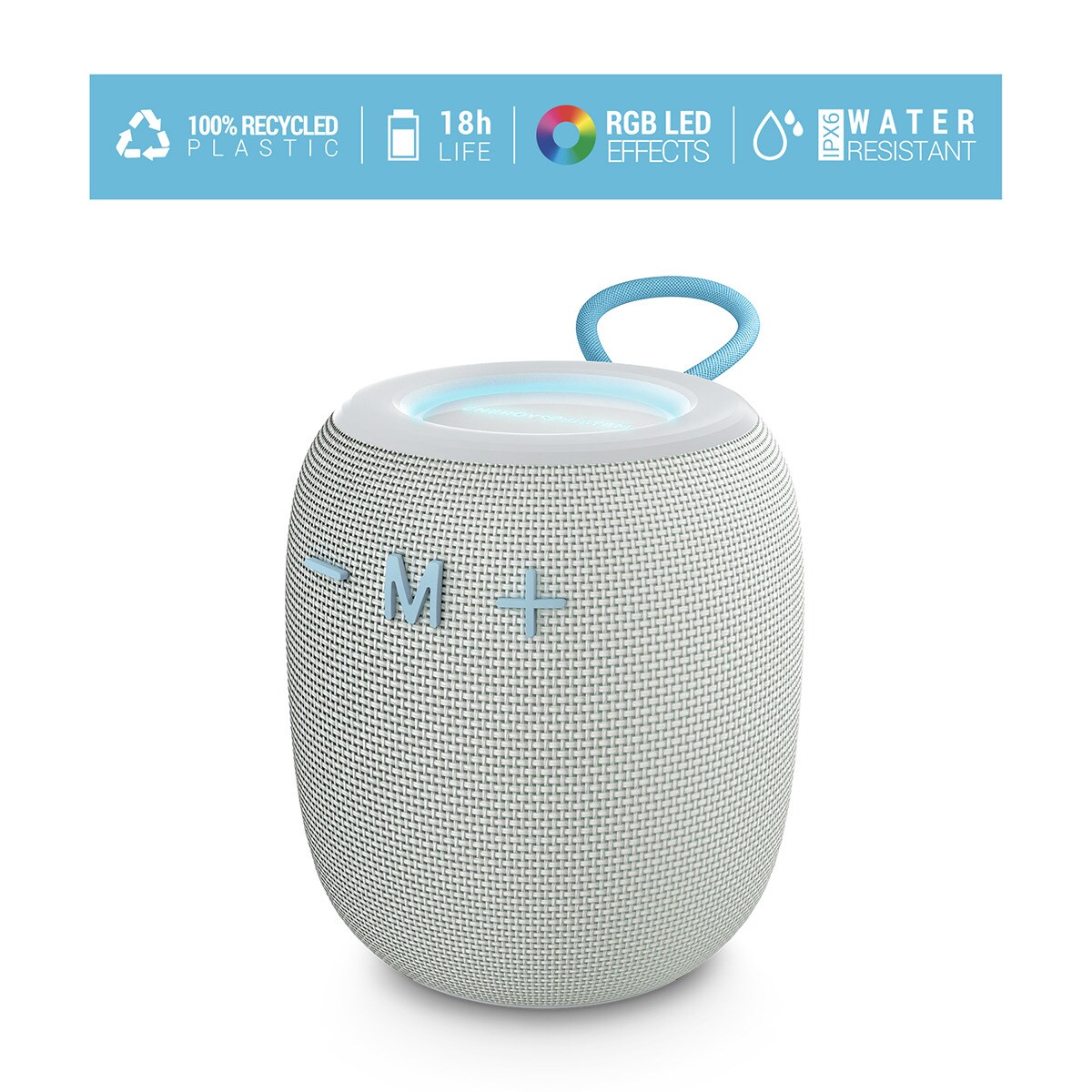 Altavoz portátil Energy Sistem Sunrise, Bluetooth 5.3, 18 horas de batería, IPX6, True Wireless, Plástico 100% reciclado y Luces LED Blanco / Azul-4