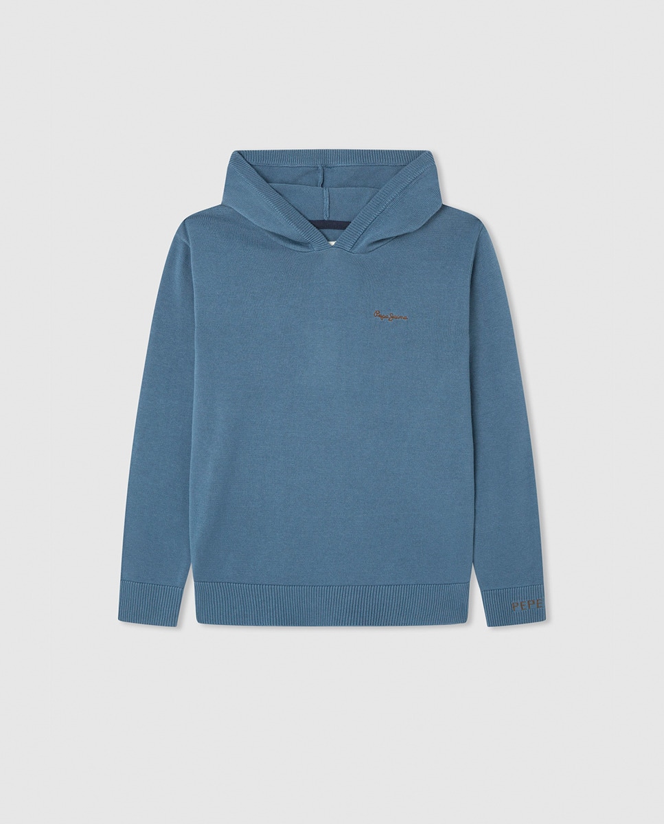 Camisola de Malha de Algodão com Capuz Azul-1