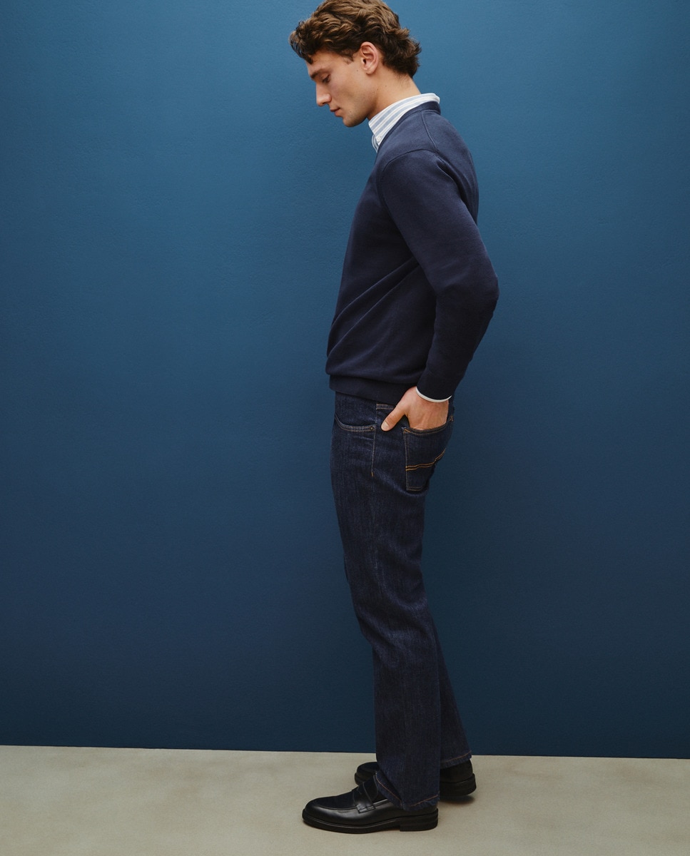 Camisola de Algodão com Gola em Bico Azul-marinho-2