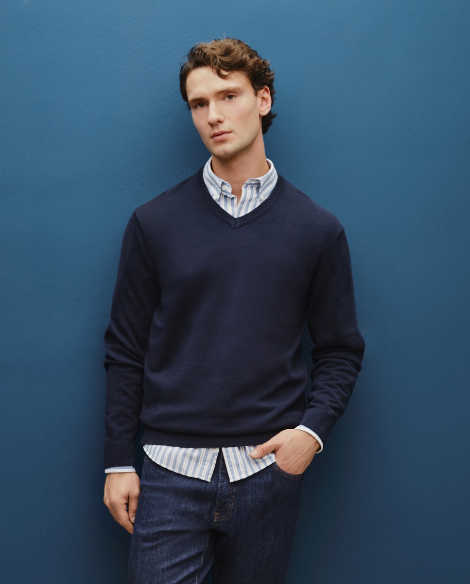 Camisola de Algodão com Gola em Bico Azul-marinho-1