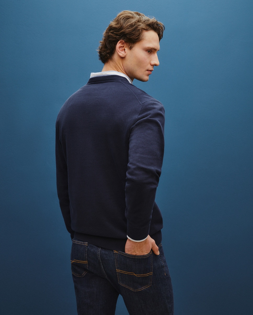 Camisola de Algodão com Gola em Bico Azul-marinho-3