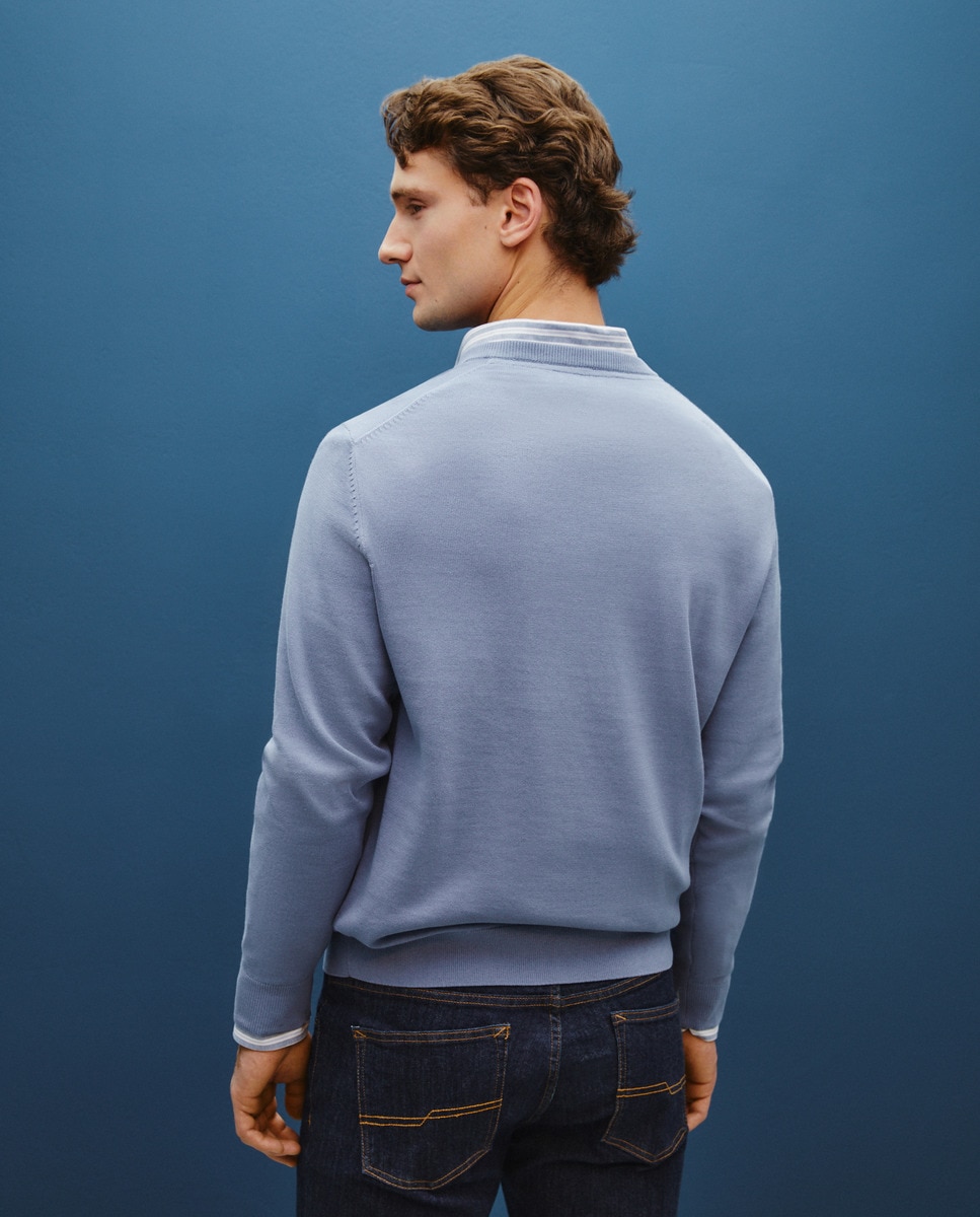 Camisola de Algodão com Gola em Bico Azul-3