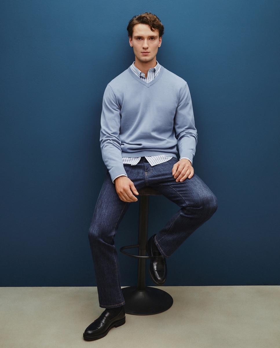 Camisola de Algodão com Gola em Bico Azul-2