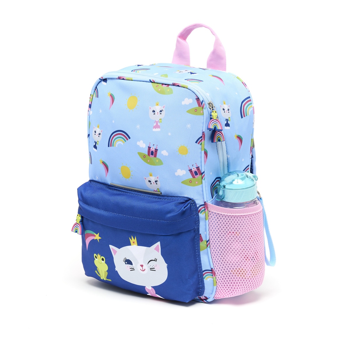 Mochila para crianças com a personagem Princesa gatinha e a sua rã Draeger azul e cor-de-rosa Azul-5