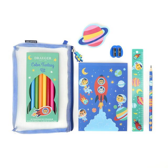 Imagem 0 de Kit de escrita Draeger vermelho e azul com ilustração do planeta Draeger