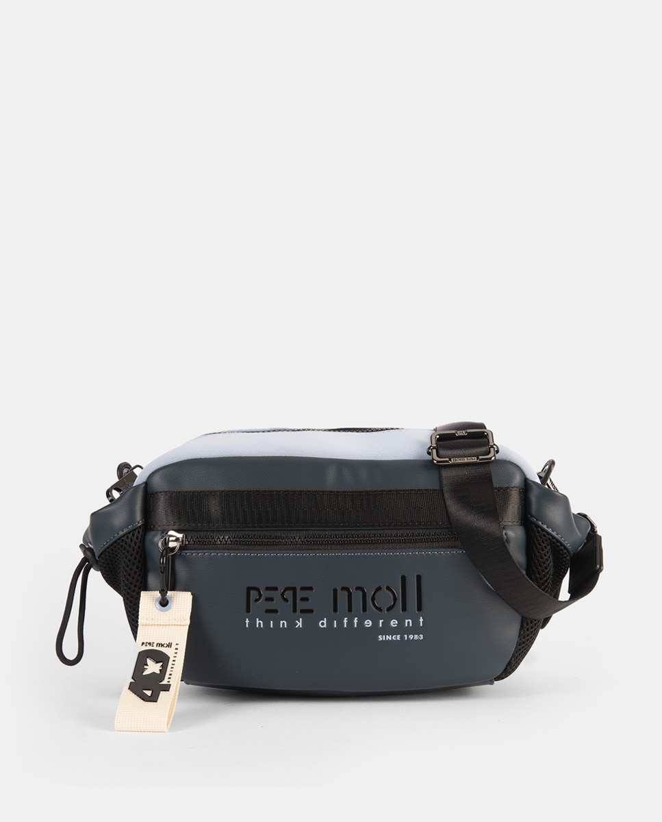 Mala a Tiracolo Combinada com Neopreno, Lados com Bolsos Decorativos, Bolso de Fecho de Correr Exterior à Frente e um Pequeno Atrás Azul-1