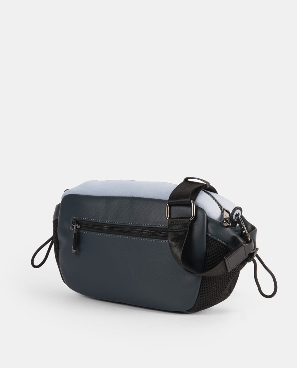 Mala a Tiracolo Combinada com Neopreno, Lados com Bolsos Decorativos, Bolso de Fecho de Correr Exterior à Frente e um Pequeno Atrás Azul-2