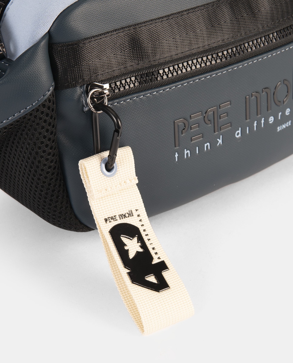 Mala a Tiracolo Combinada com Neopreno, Lados com Bolsos Decorativos, Bolso de Fecho de Correr Exterior à Frente e um Pequeno Atrás Azul-4
