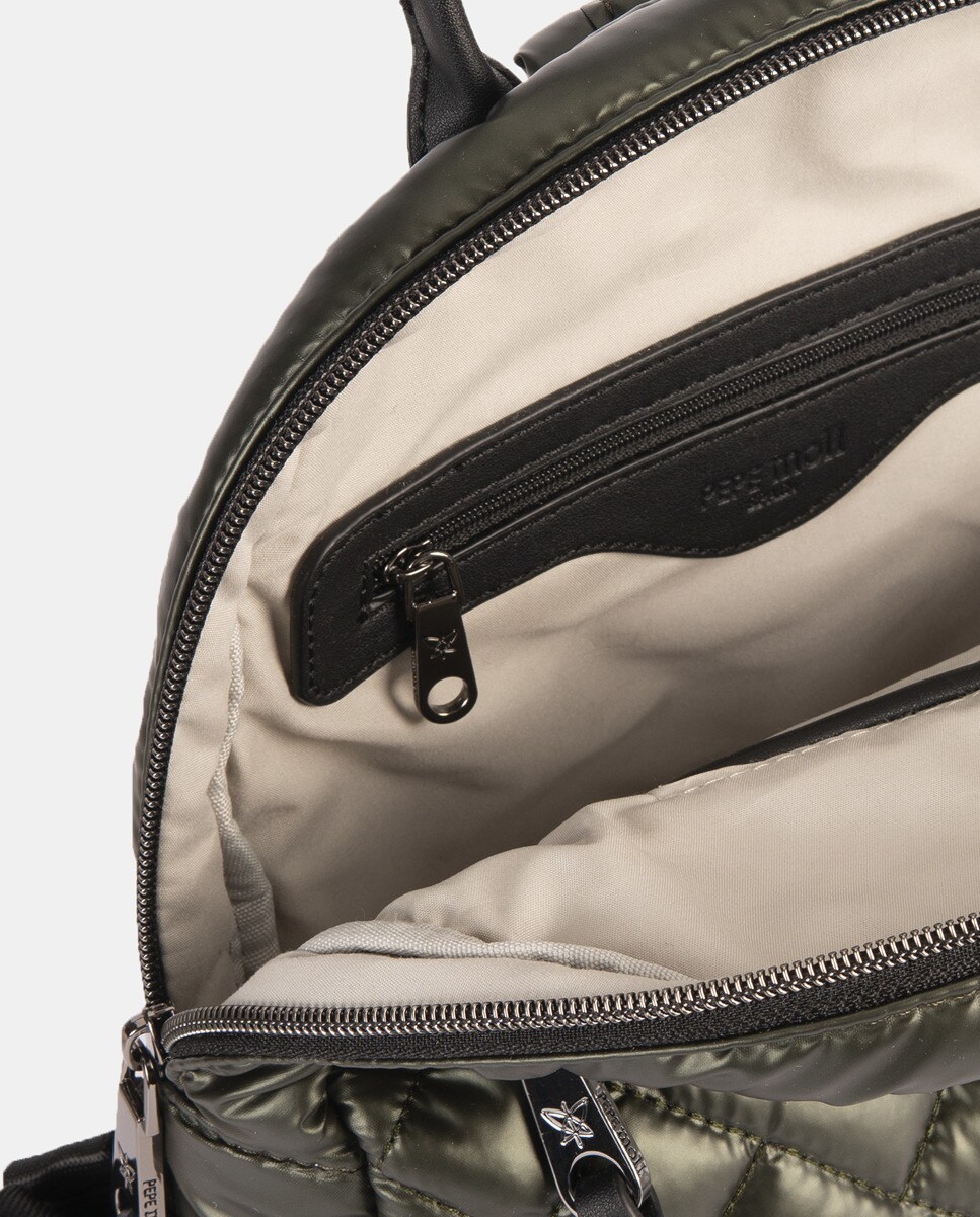 Mochila Bomber Agradável ao Toque com Pespontos, Fecho de Correr e Alças Ajustáveis Verde-2