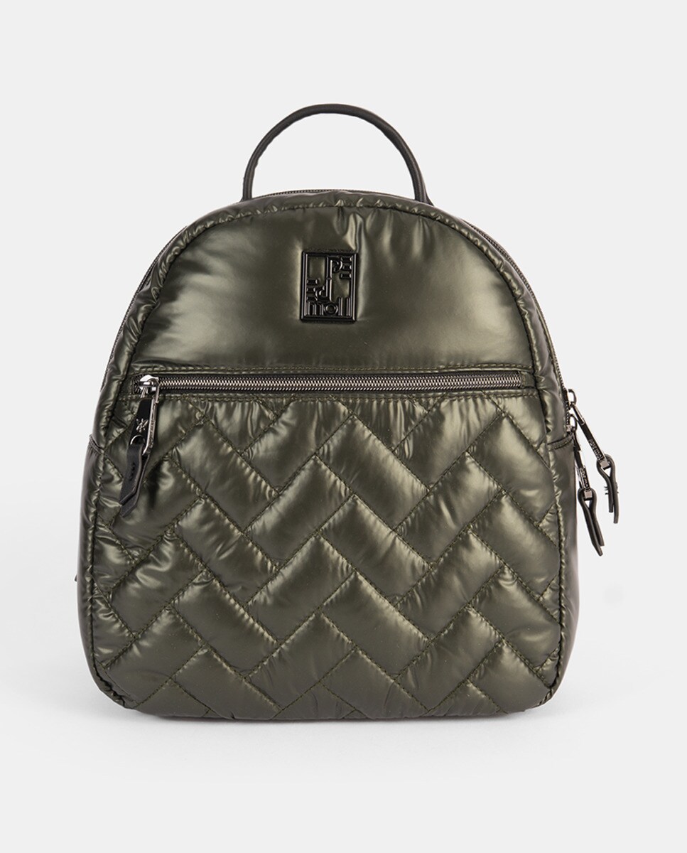 Mochila Bomber Agradável ao Toque com Pespontos, Fecho de Correr e Alças Ajustáveis Verde-1