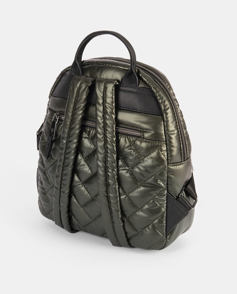 Mochila Bomber Agradável ao Toque com Pespontos, Fecho de Correr e Alças Ajustáveis Verde-4