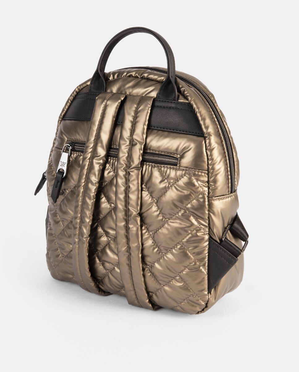 Mochila Bomber Agradável ao Toque com Pespontos, Fecho de Correr e Alças Ajustáveis Ouro-3