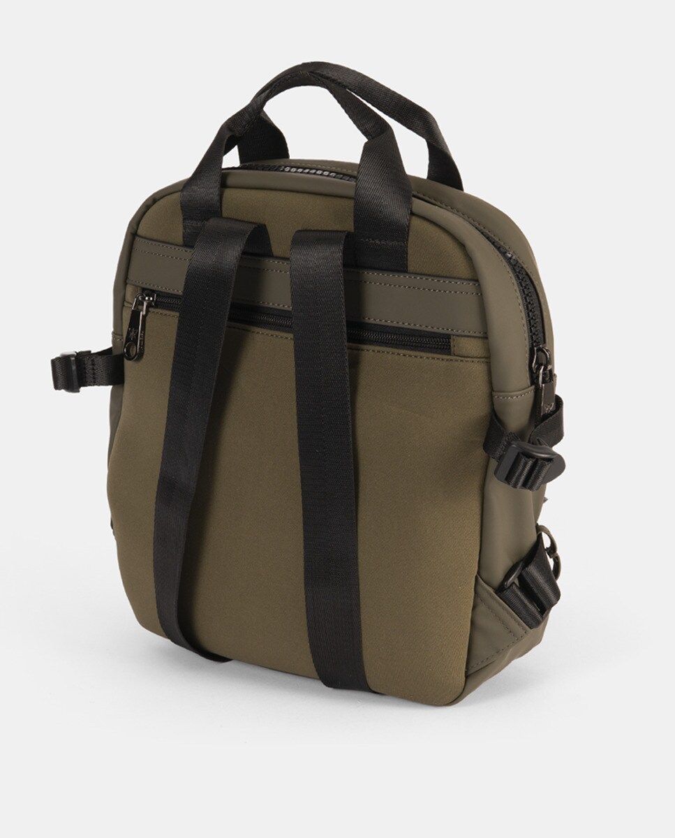 Mochila de Neopreno com Bolsos Grandes à Frente com Fecho de Clip. Bolso Traseiro Pequeno.  Alças Ajustáveis Caqui-2