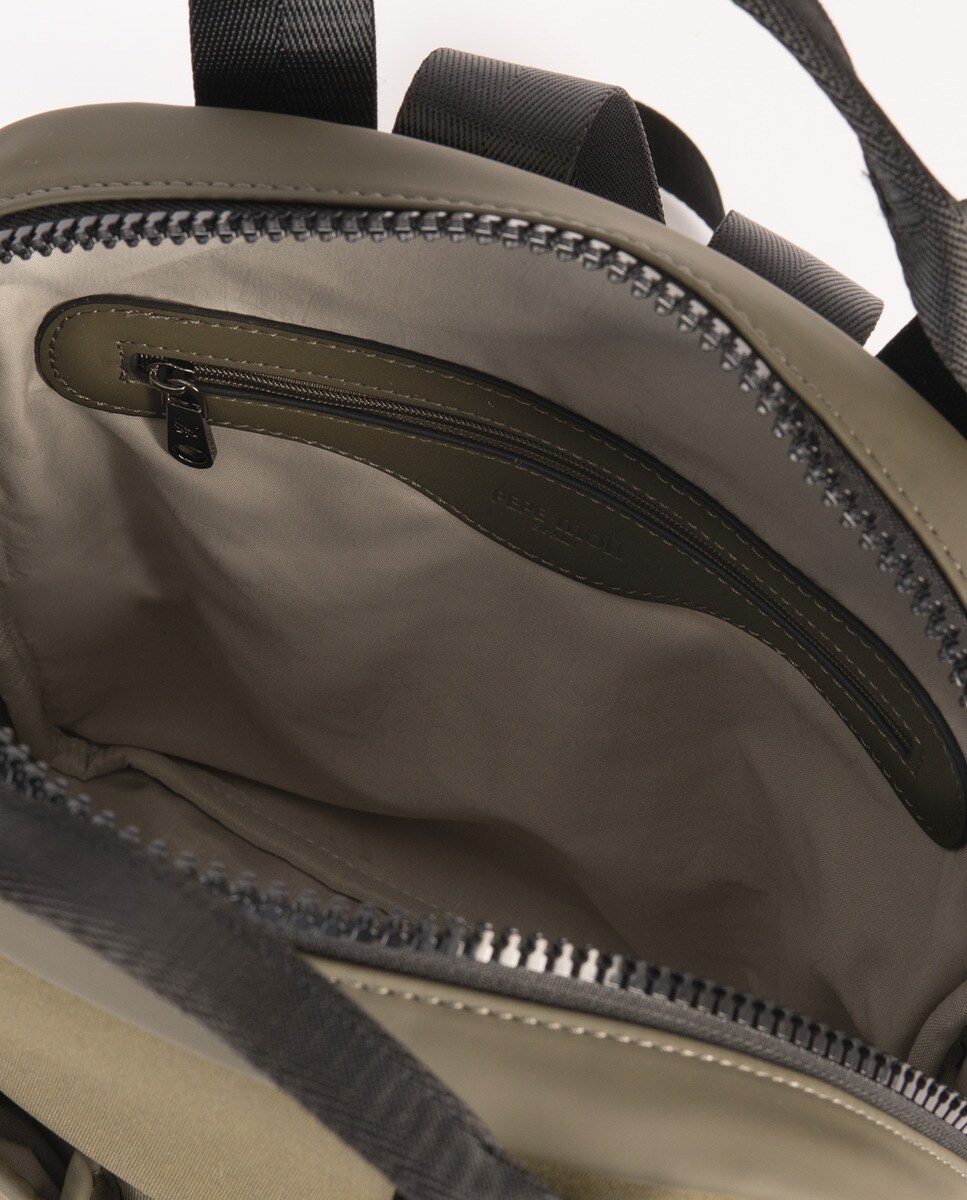 Mochila de Neopreno com Bolsos Grandes à Frente com Fecho de Clip. Bolso Traseiro Pequeno.  Alças Ajustáveis Caqui-3