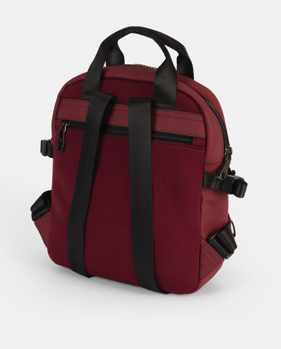 Mochila de Neopreno com Bolsos Grandes à Frente com Fecho de Clip. Bolso Traseiro Pequeno.  Alças Ajustáveis Bordeaux-2