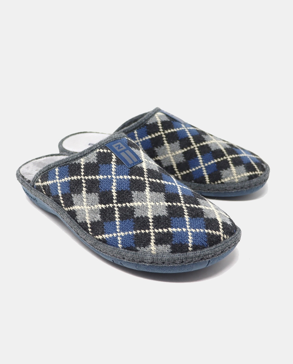 Chinelos de Quarto em Tecido aos Losangos Cinzento-2