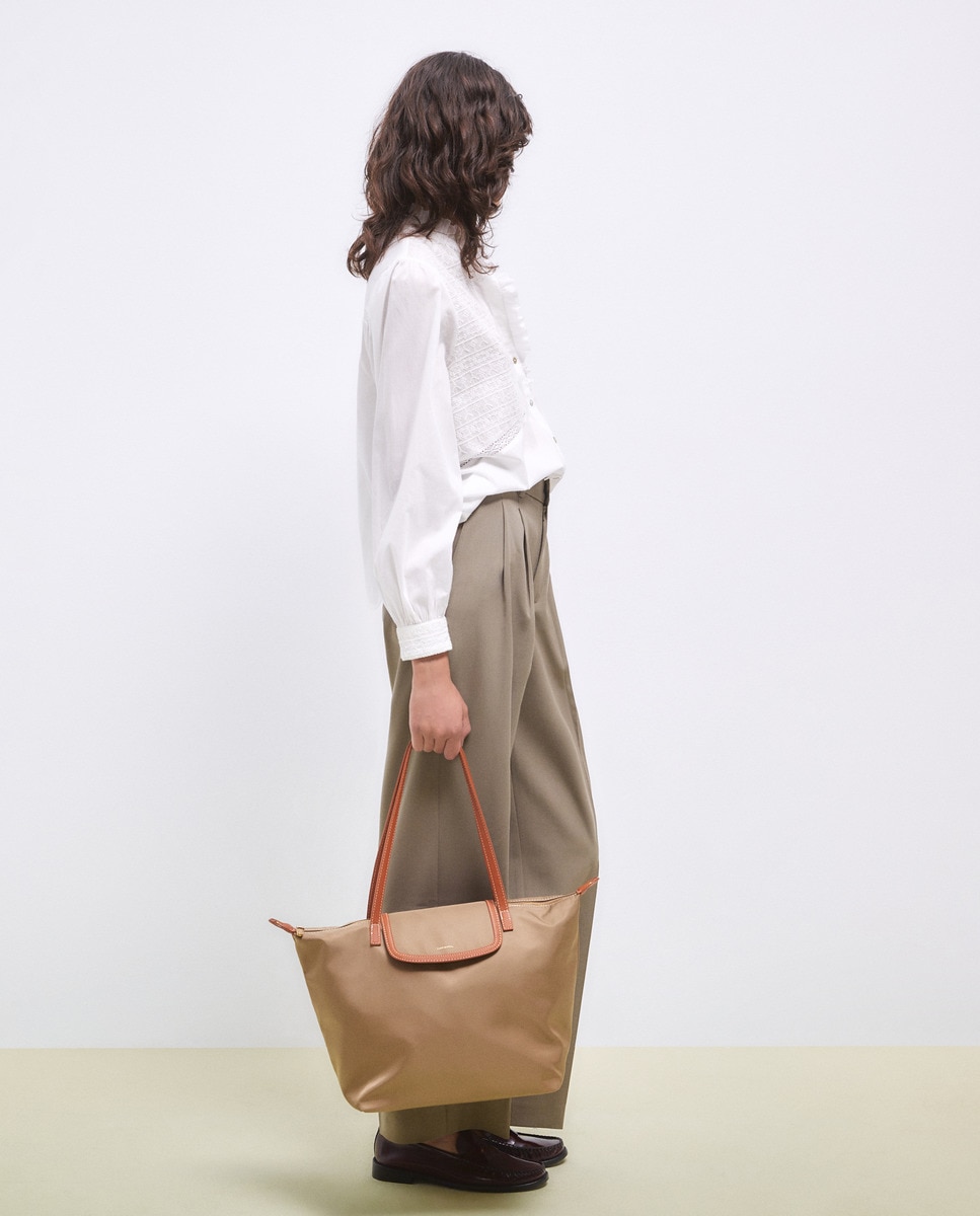 Mala Shopper de Nylon com Alça Amovível Vison Claro-4